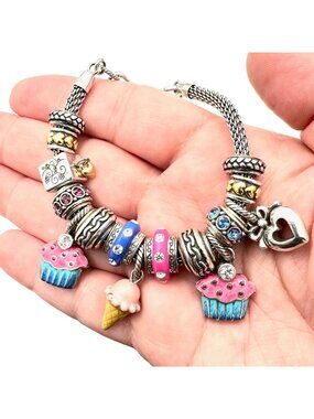 Brighton Womens Bracelet Loaded With Charms Cake Ice Cream Birthday Theme Silver